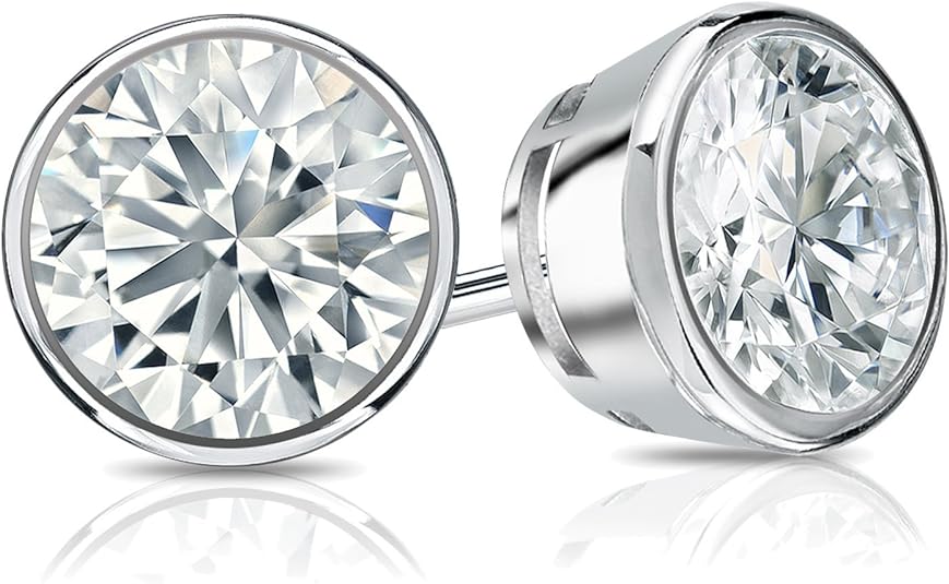 Round Diamond Bezel Set Studs Earrings with Push Backs
