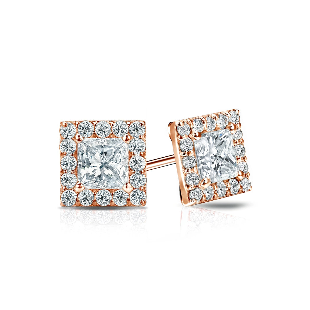 Diamond Halo Princess Studs Earrings with Push Backs