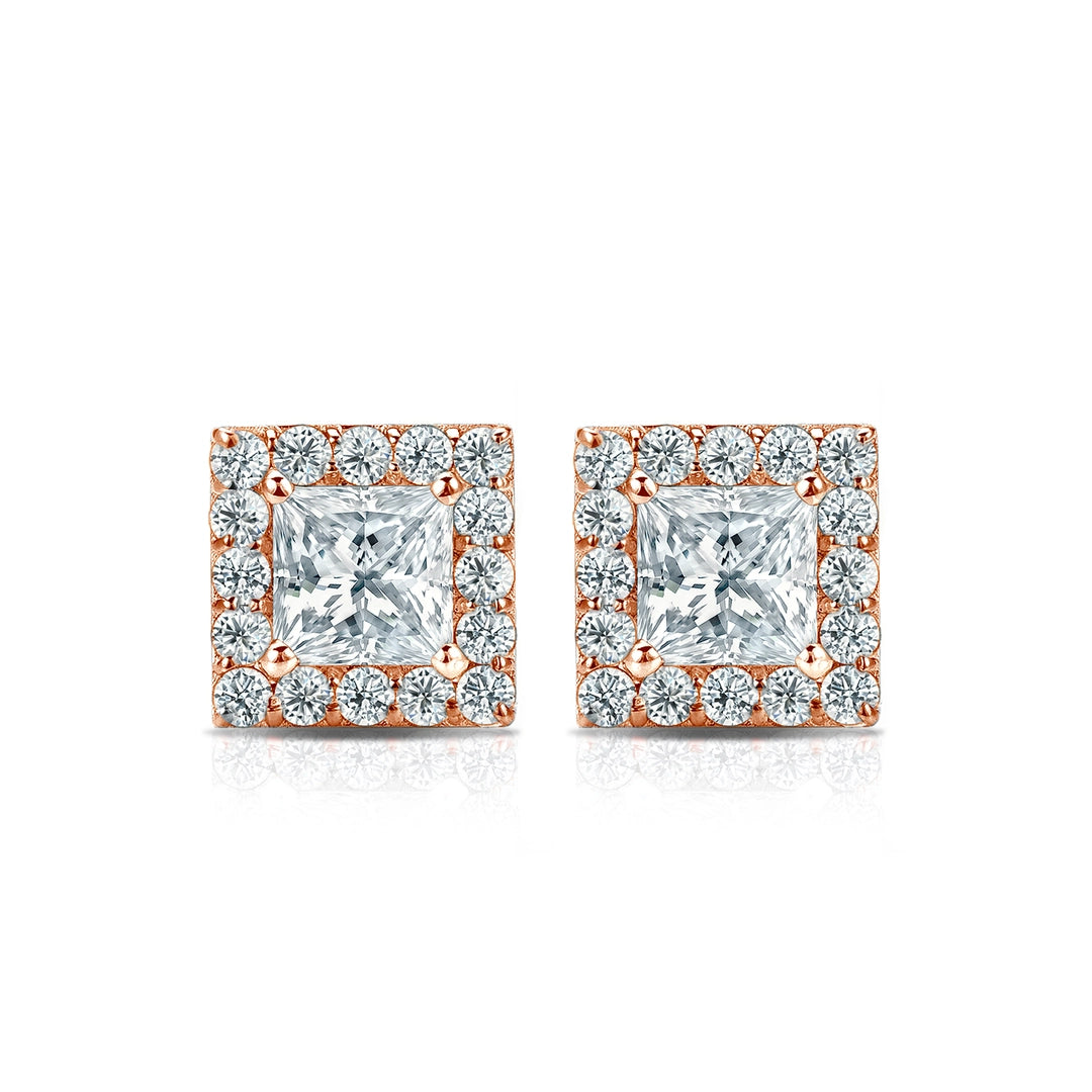 Diamond Halo Princess Studs Earrings with Push Backs