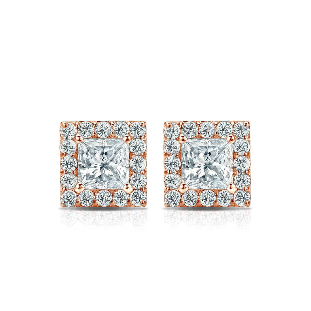 Diamond Halo Princess Studs Earrings with Screw Backs