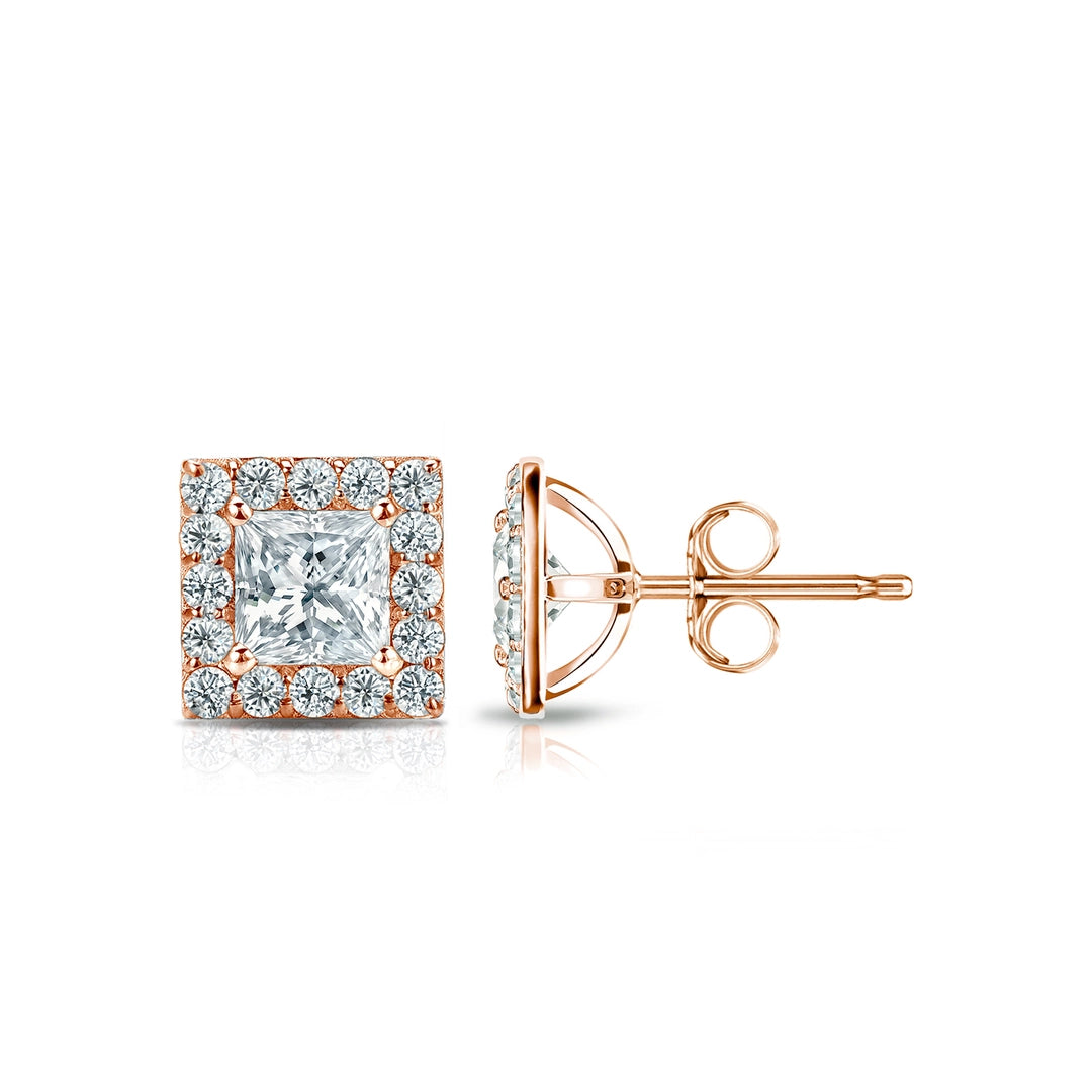 Diamond Halo Princess Studs Earrings with Push Backs