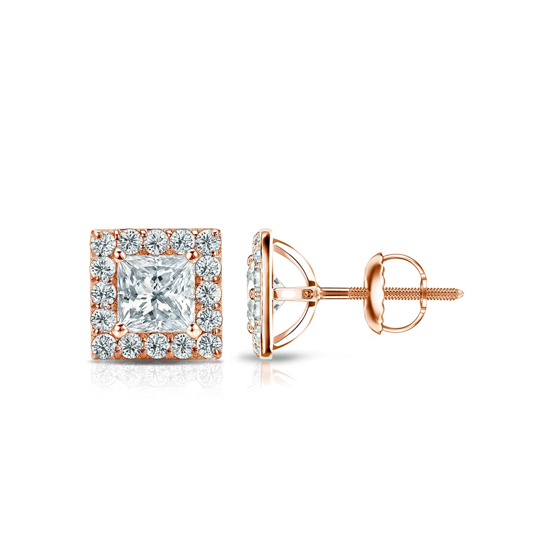 Diamond Halo Princess Studs Earrings with Screw Backs