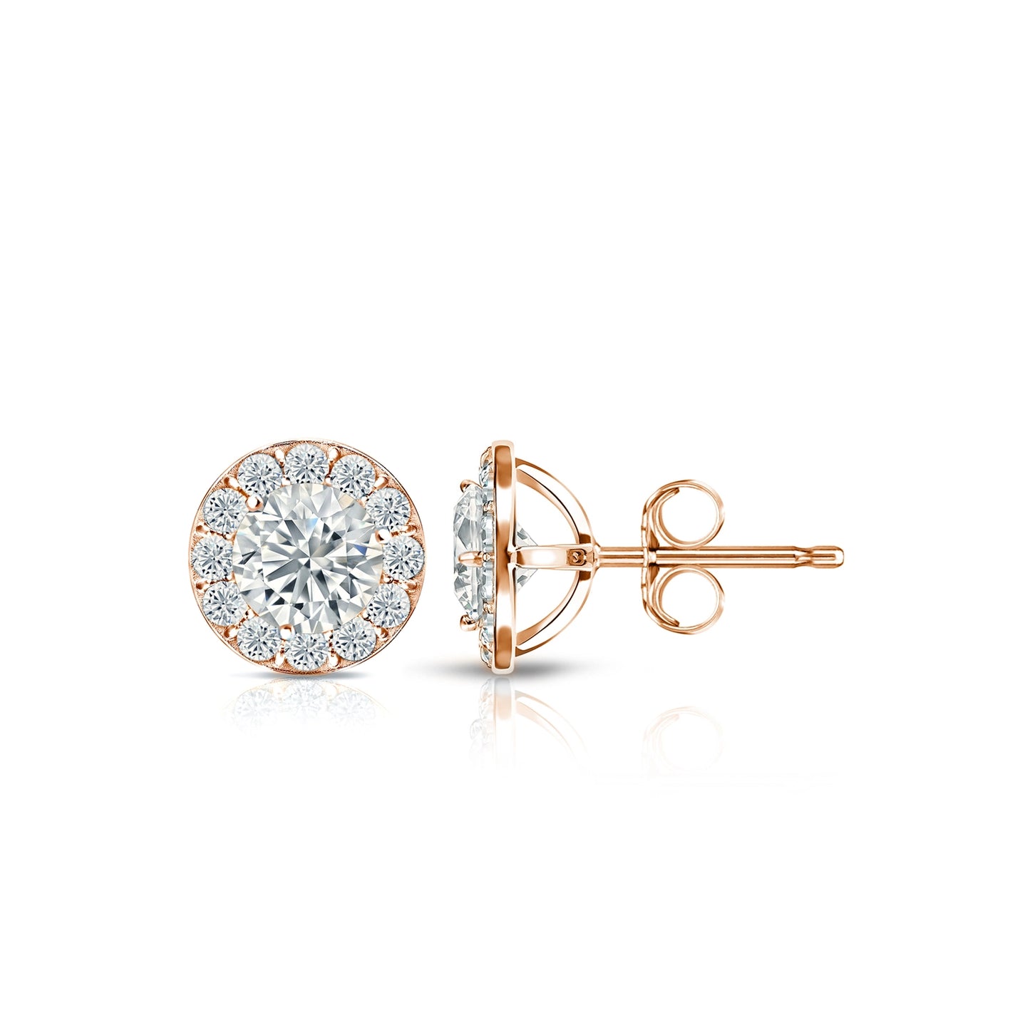 Diamond Halo Round Studs Earrings with Push Backs