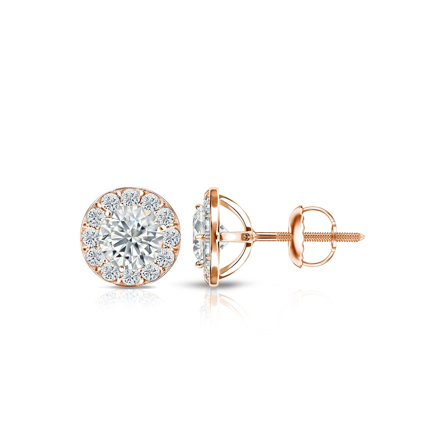 Diamond Halo Round Studs Earrings with Screw Backs