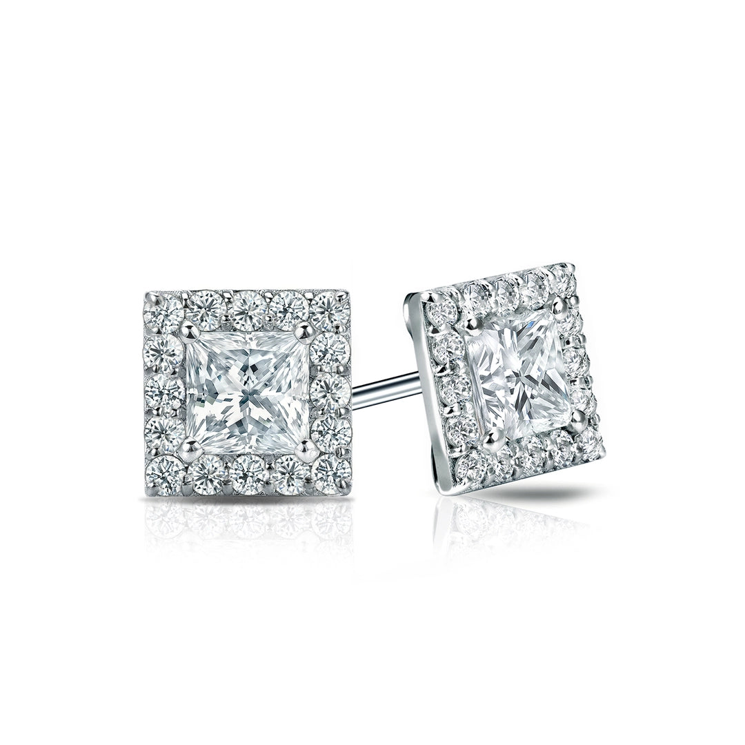 Diamond Halo Princess Studs Earrings with Push Backs