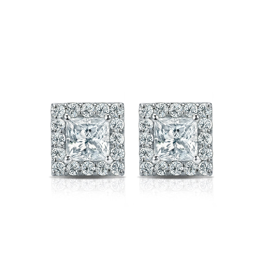 Diamond Halo Princess Studs Earrings with Push Backs