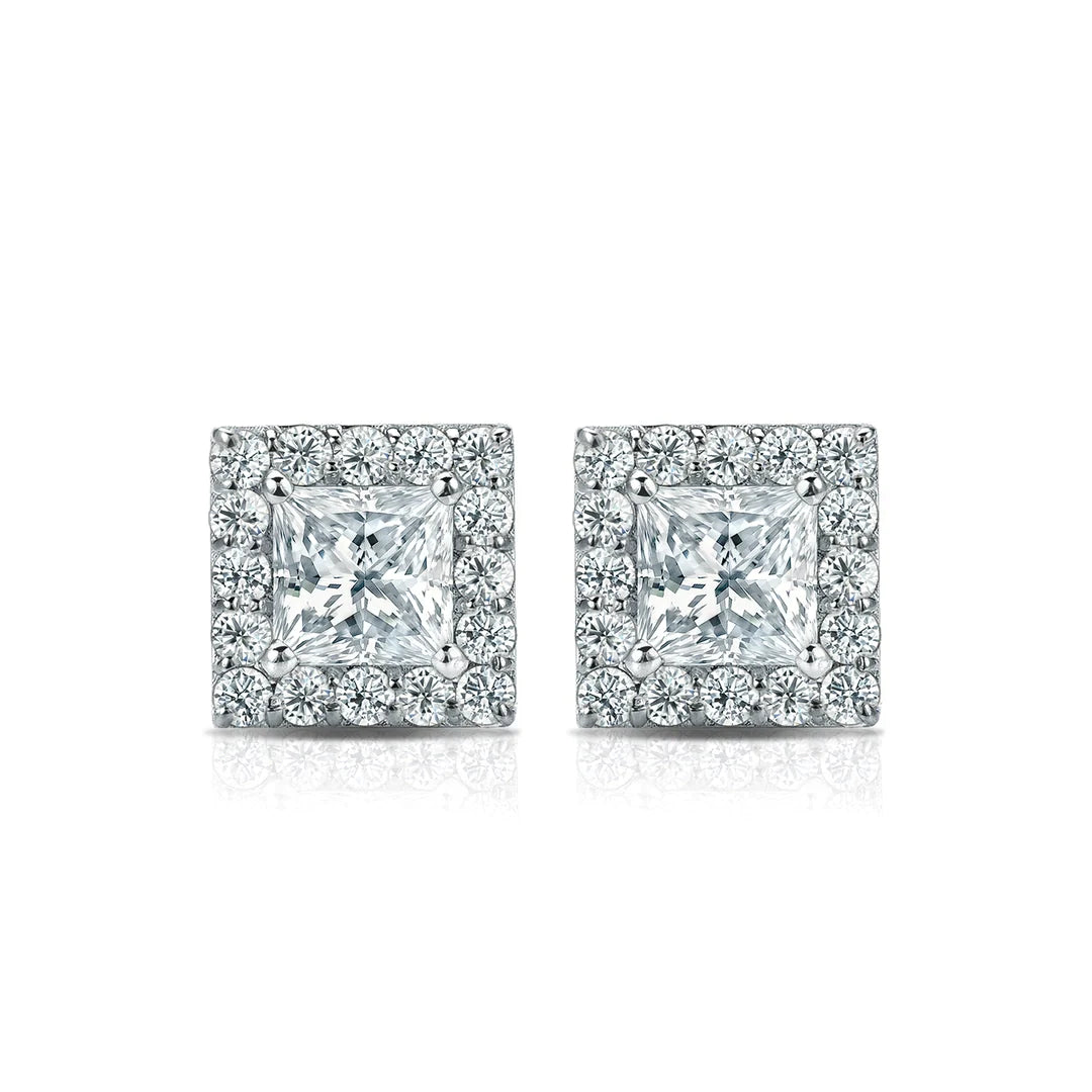 Diamond Halo Princess Studs Earrings with Screw Backs