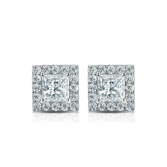 Diamond Halo Princess Studs Earrings with Screw Backs