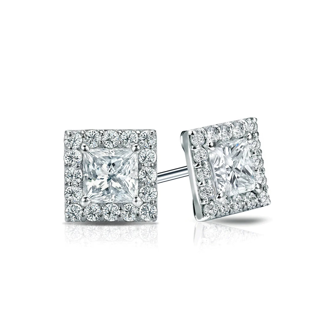 Diamond Halo Princess Studs Earrings with Screw Backs