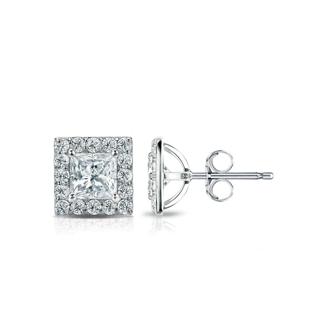 Diamond Halo Princess Studs Earrings with Push Backs