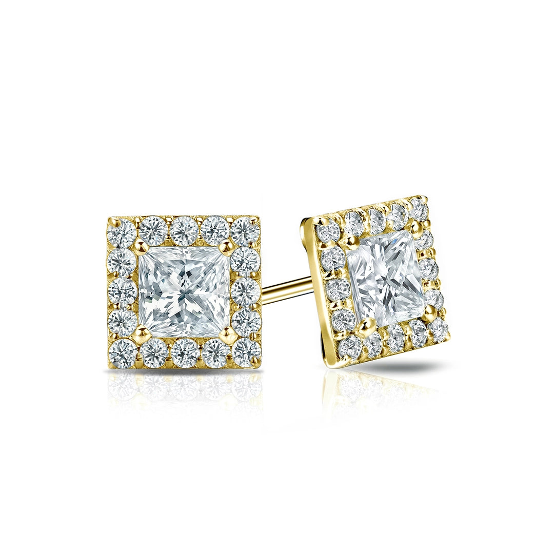 Diamond Halo Princess Studs Earrings with Push Backs