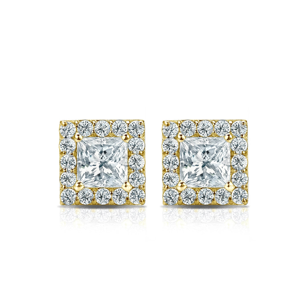 Diamond Halo Princess Studs Earrings with Push Backs