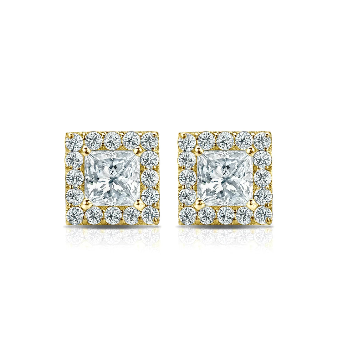 Diamond Halo Princess Studs Earrings with Screw Backs