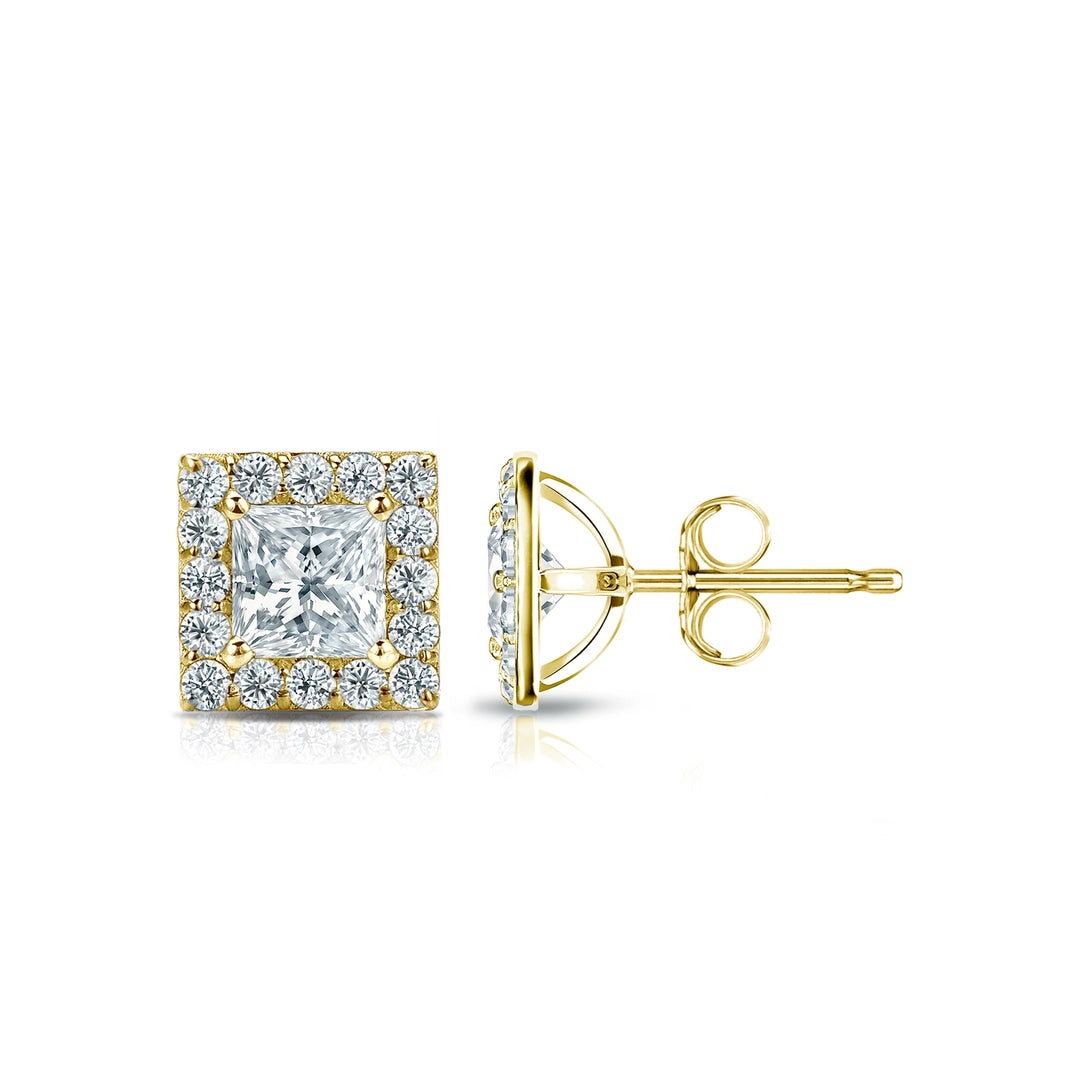 Diamond Halo Princess Studs Earrings with Push Backs