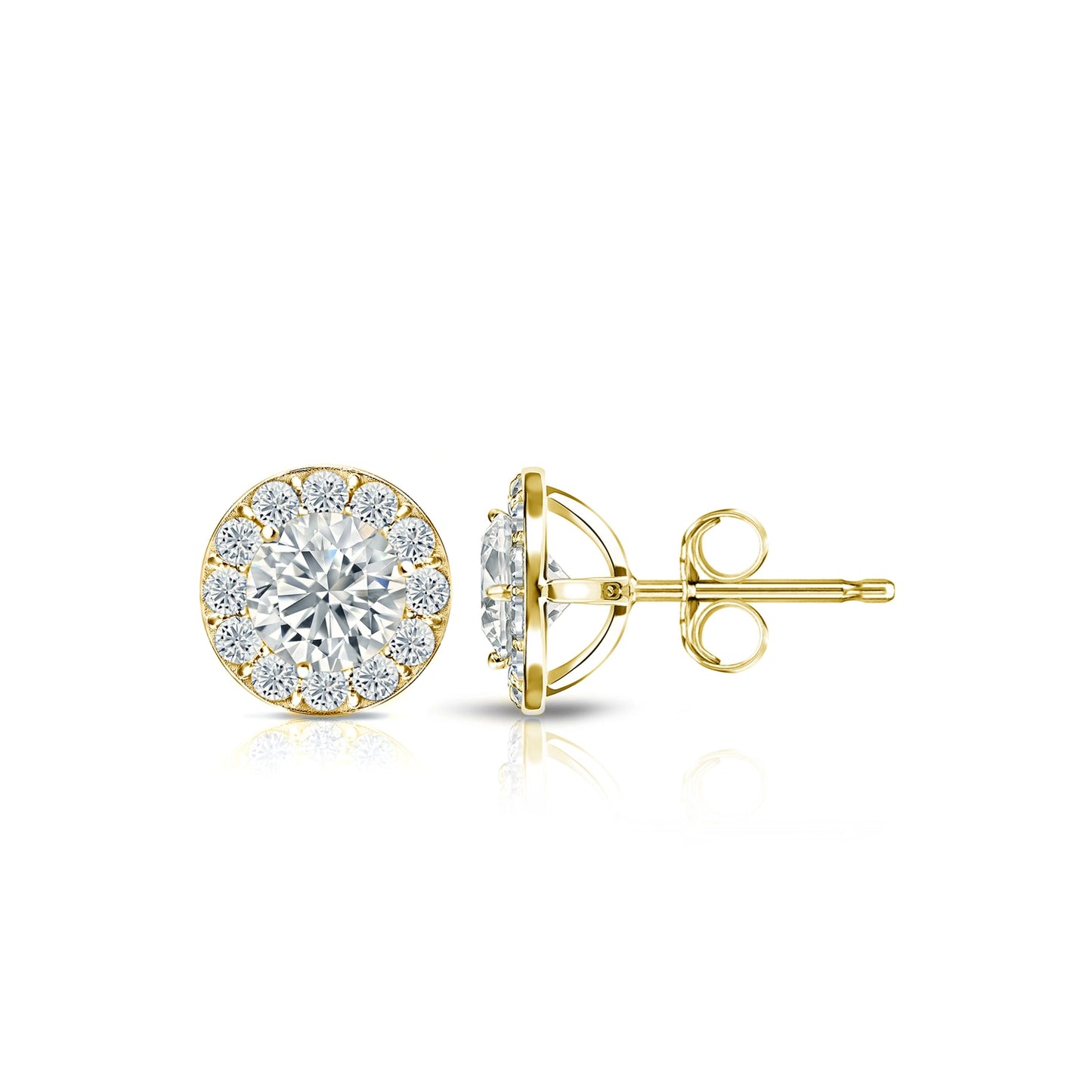 Diamond Halo Round Studs Earrings with Push Backs