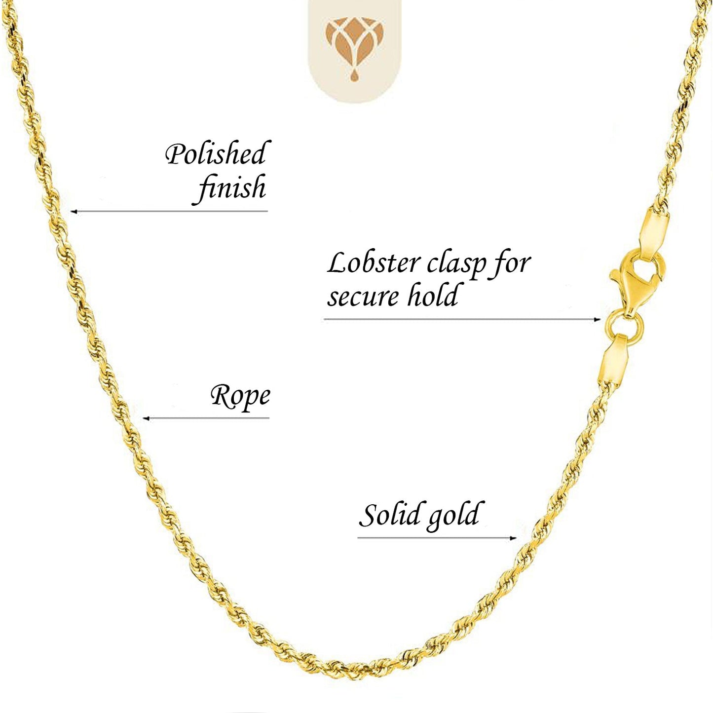 10K Gold 2.00mm Hollow Rope Chain with Lobster-Claw Clasp