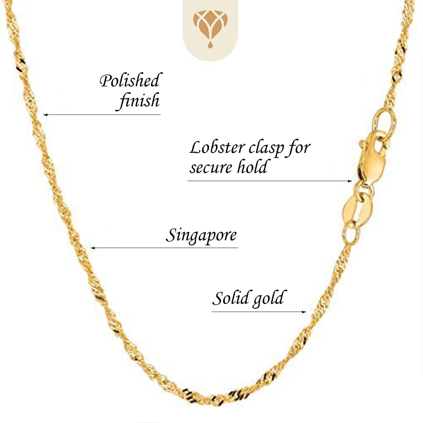 14K Yellow Or White Gold 1.50mm Classic SingapOre Chain with Lobster-Claw Clasp