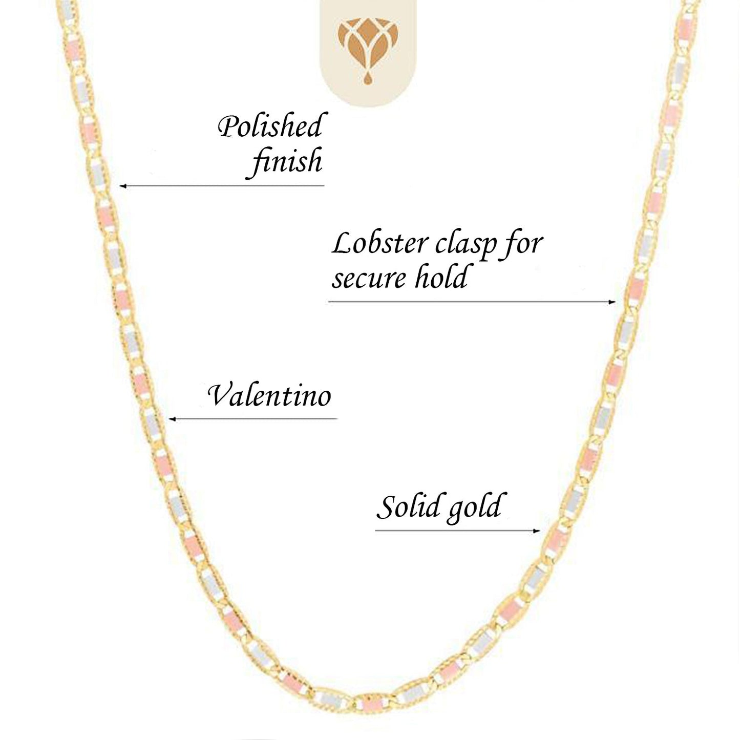 14k Solid Gold 2.6mm TricolOr Valentino Chain with Lobster Claw Closure