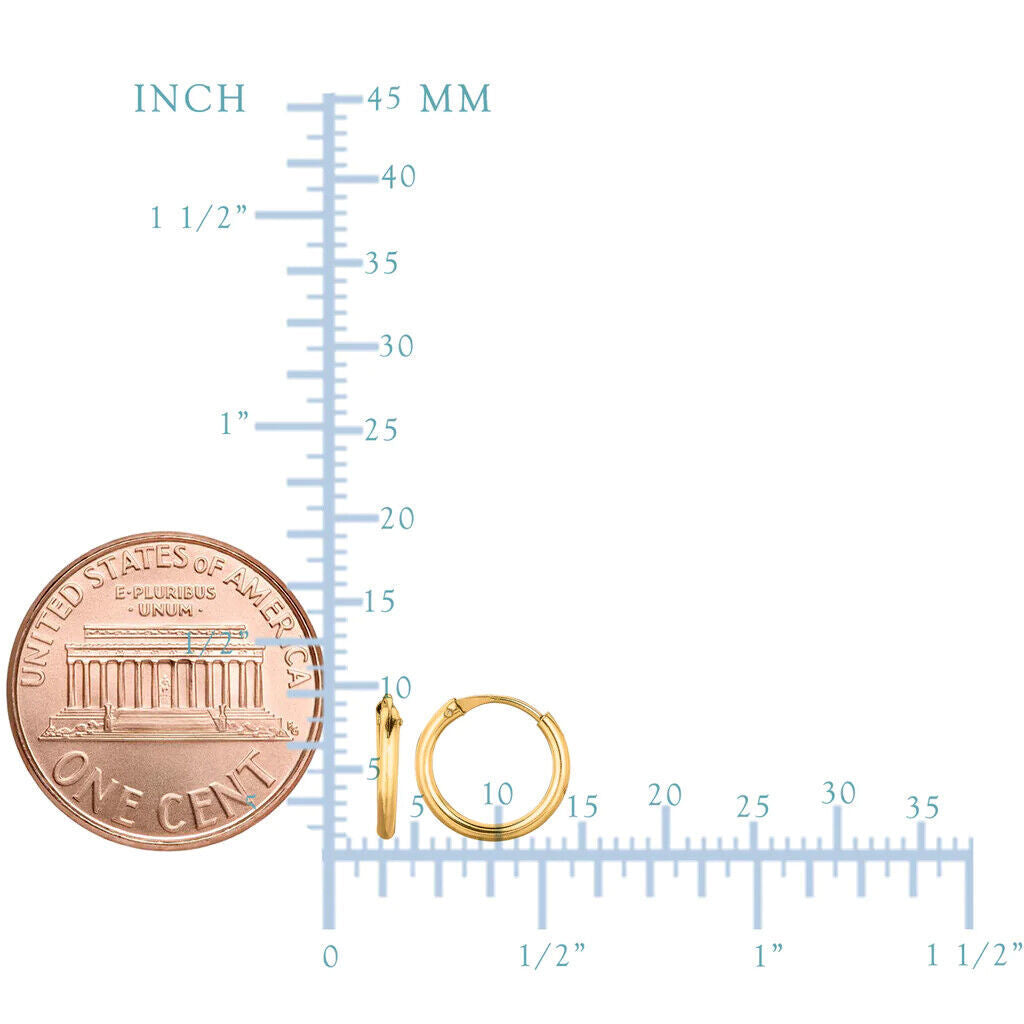 14K Solid Yellow, Rose or White Gold Endless Hoop Earrings Tiny 10mm, 1mm Tube