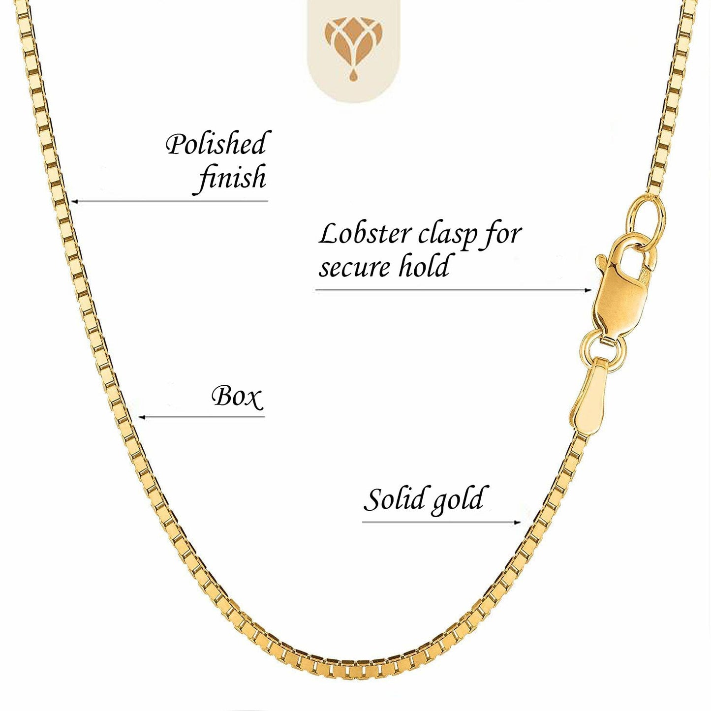 14K Yellow Solid Gold 1.75mm Thick Classic Box Chain with Lobster-Claw Clasp