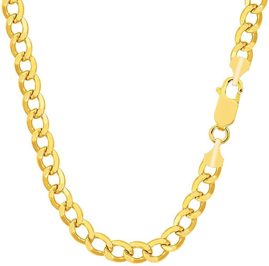10K Hollow Yellow Gold 4.4mm Hollow Cuban Comfort Curb Cuban Chain with Lobster-Claw Clasp