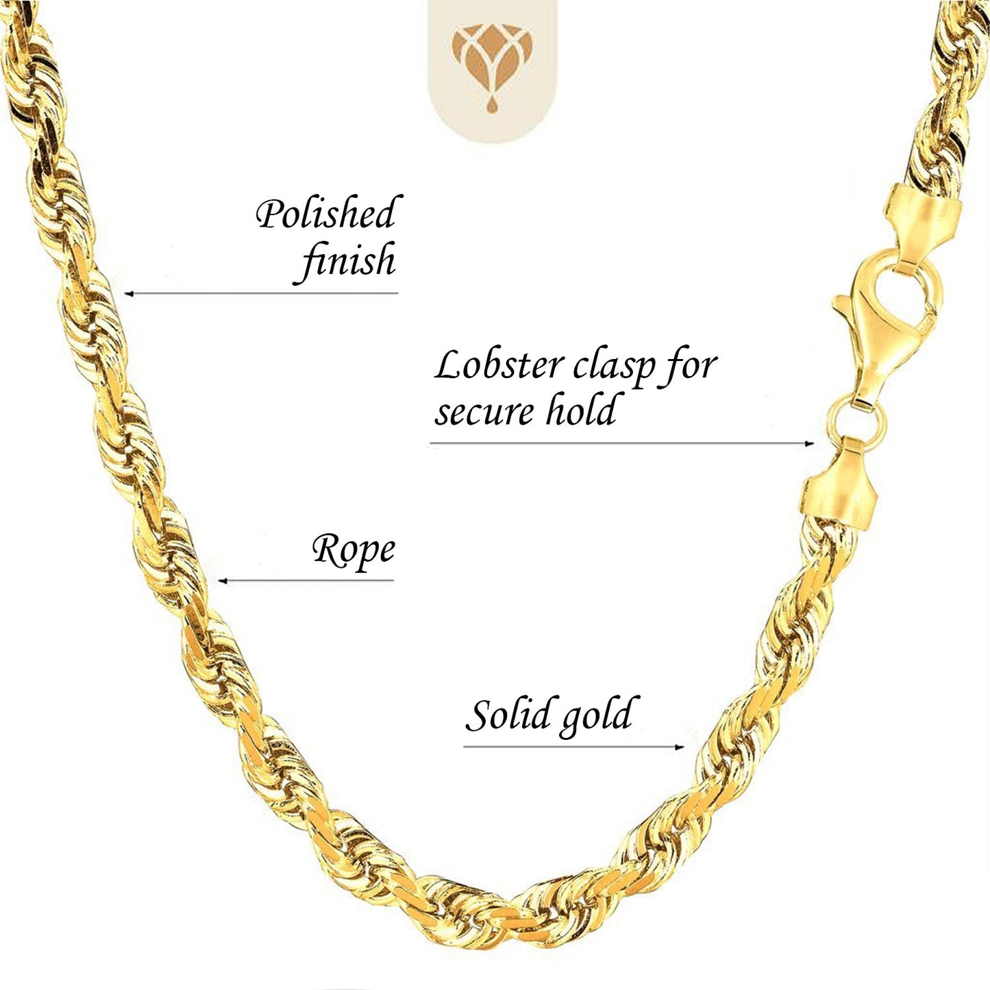 10K Yellow Gold 3.2mm Hollow Rope Chain with Lobster-Claw Clasp