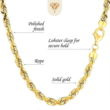 10K Yellow Gold 3.2mm Hollow Rope Chain with Lobster-Claw Clasp