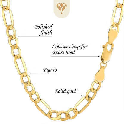 10K Yellow Gold 6.5mm Diamond-Cut Alternate Classic Hollow Figaro Chain with Lobster-Claw Clasp