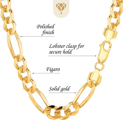 10K Yellow Gold 7.9mm Diamond-Cut Alternate Classic Figaro Chain Or Bracelet/Anklet with Lobster-Claw Clasp