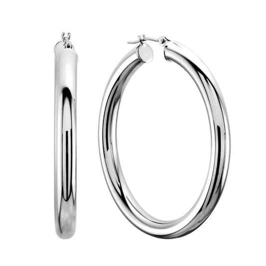 14k REAL White Gold 4.00MM Thickness Classic Polished Round Tube Hoop Earrings with Snap Post Closure