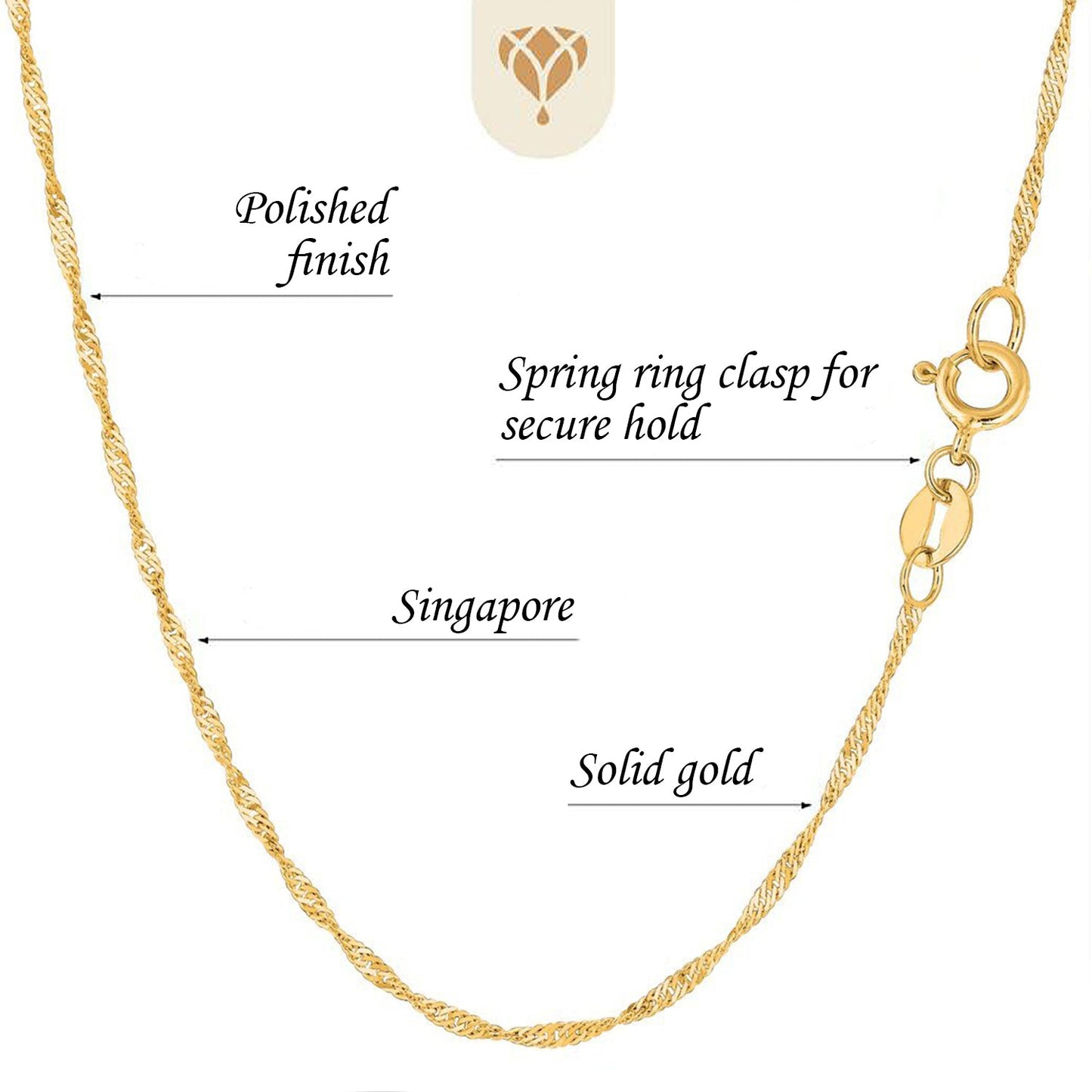 14K Yellow Or White Gold 0.80mm Diamond-Cut Classic SingapOre Chain with Spring-Ring Clasp