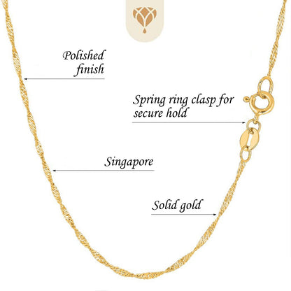 14K Yellow Or White Gold 0.80mm Diamond-Cut Classic SingapOre Chain with Spring-Ring Clasp