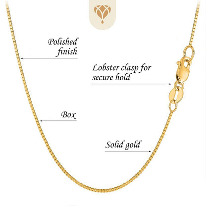 14K Yellow Or White Solid Gold 1.00mm Thick Classic MirrOr Box Chain with Lobster-Claw Clasp