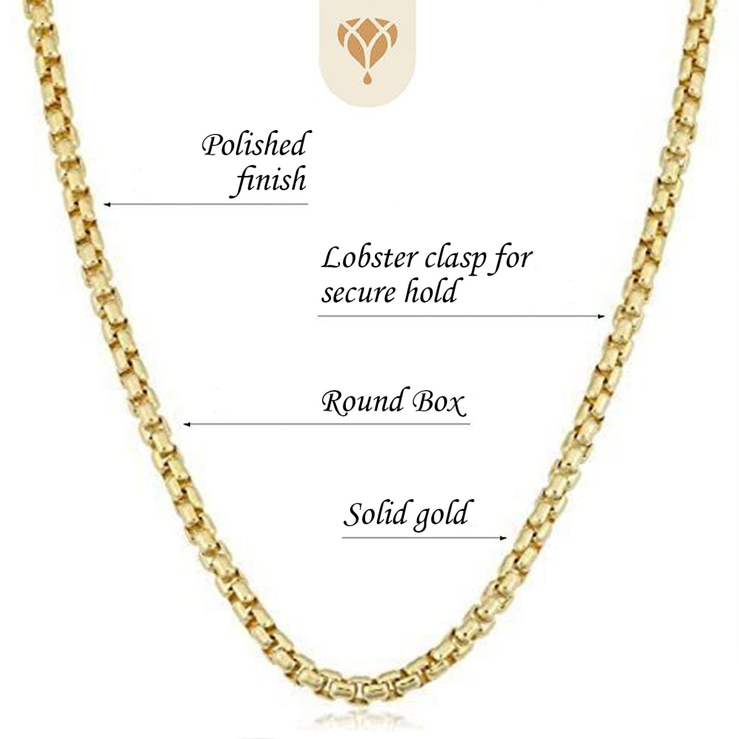 14k Yellow Solid Gold 3.4mm Round-Box Chain with Lobster Claw Clasp