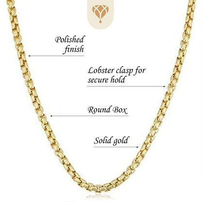 14k Yellow Solid Gold 3.4mm Round-Box Chain with Lobster Claw Clasp