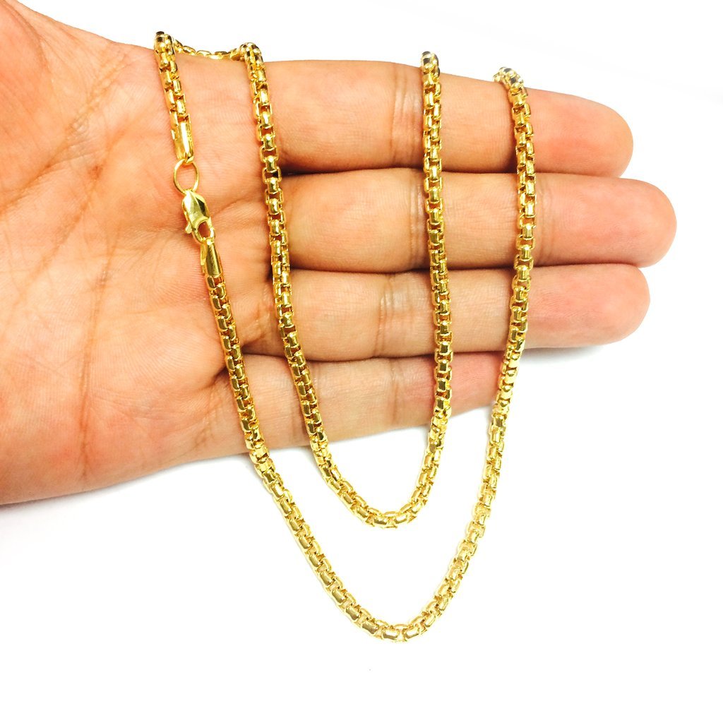 14k Yellow Solid Gold 3.4mm Round-Box Chain with Lobster Claw Clasp